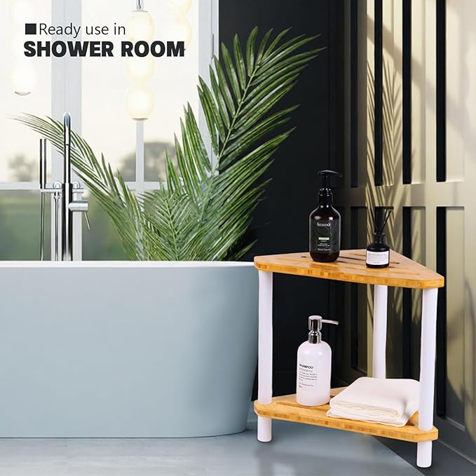 2-Tier Bamboo Corner Shower Caddy, Waterproof Bathroom Corner Storage Organizer with Anti-Slip Feet, Freestanding Corner Shower Shelf with Seat for Small Spaces,White