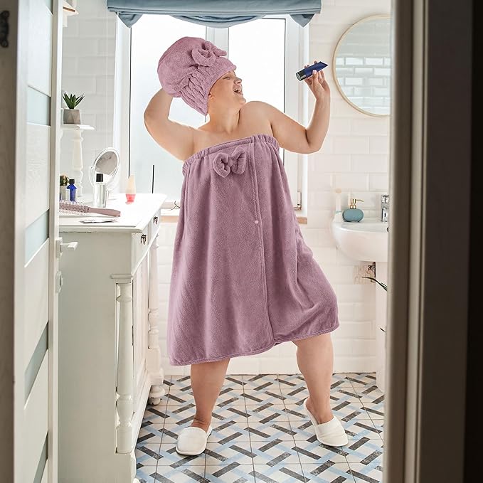 Xtinmee 2 Sets Plus Size Womens Wrap Towel with Hair Towel Bath Towel Wrap Shower Dress Towel Spa Wraps for Women's Bathrobe (Purple)