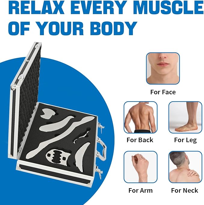 6-Piece Gua Sha Muscle Stainless Steel Scraper Massage Tool Set for Arms/Back/Shoulder Portable Physical Therapy IASTM Tools for Soft Tissue Mobilization with Carrying Case