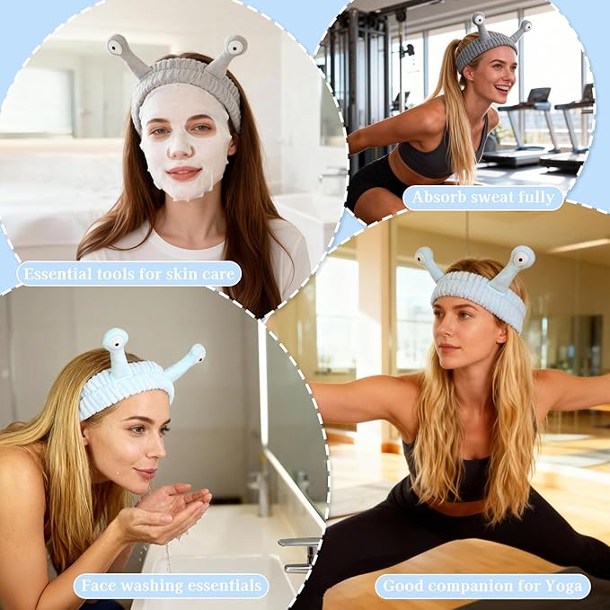Snail Face Wash Headband Skincare & Wrist Bands for Washing Face Set Cute Spa Headband for Women and Wrist Faces Wash Bands for Shower, Facial Cleaning, Soft Coral Fleece Makeup Headbands,Blue ＆ Gray