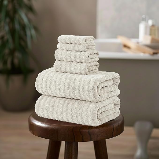 KBY Bath Towels Set 6 Piece 40x80 Inches，2 Extra Large Bath Sheets 2 Hand Towels 2 Washcloths，Highly Absorbent Quick Dry Microfiber,Ultra Soft Towel Set for Bathroom，Spa，Gym， Hotel (Cream)