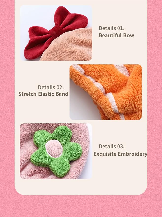 Hair Drying Towel for Kids Girls, Cute Cartoon Absorbent Quick Drying Bath Wrap Set for Bathing, Swimming Pool, Soft Microfiber Cap for Curly Long & Wet Hair, Yellow Flower