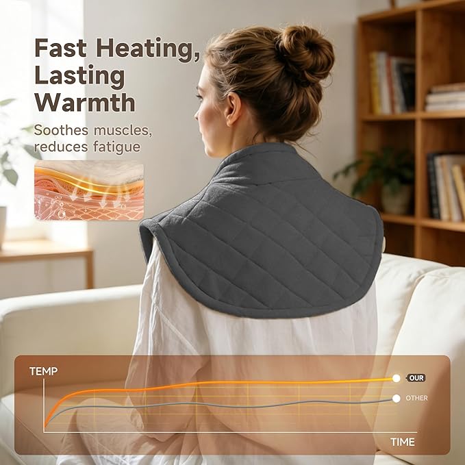 GOTCOZY Heating pad for Neck and Shoulders Pain Relief-Heat Wrap pad with Deep Penetrating Heat, 3H Auto Shut Off, 6 Heat Settings, 22"x23" Size, Ideal Gift for Women, Men, Elderly (Slate Gray)