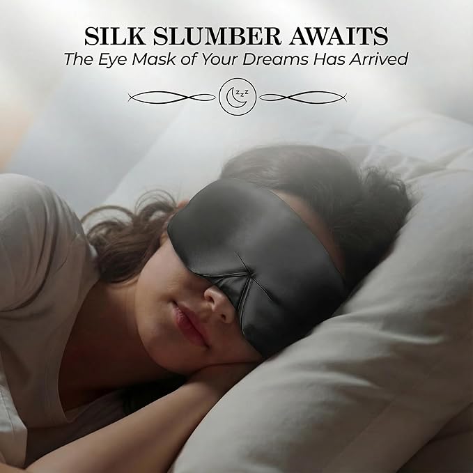 SLEEP SANCTUARY 100% Pure Mulberry Silk Sleep Mask - 22 Momme Light Blocking Hook & Loop Silk Eye Mask for Sleeping - Secure Fit for Side Sleepers, Women & Men - Cloud Soft (Black)