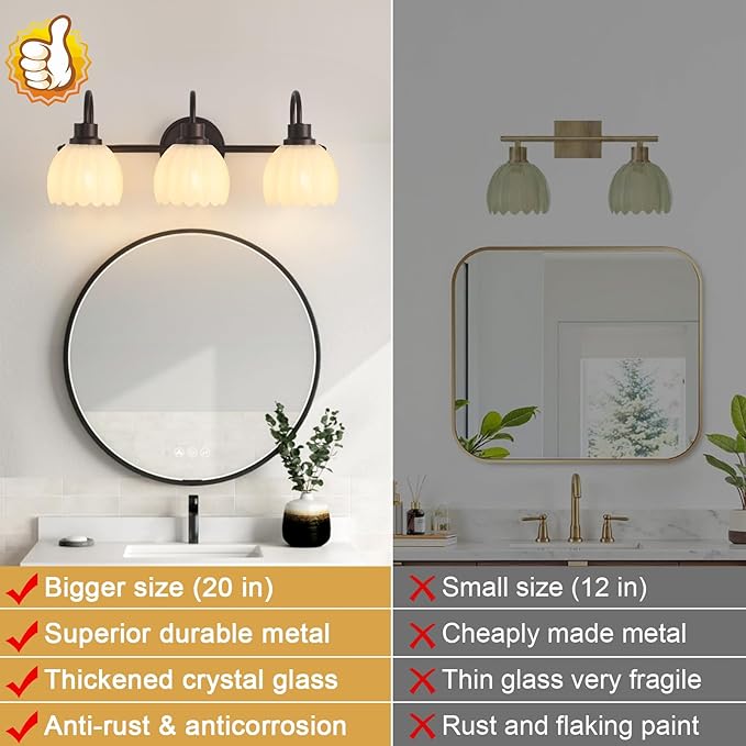 Bathroom Light Fixtures (3-Light, 20 Inch), Oil Rubbed Bronze Vanity Lights for Bathroom with Ribbed White Tulip Glass Shade, Vintage Vanity Wall Lights for Mirror Bedroom Living Room Hallway