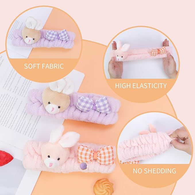PERFECTSIGHT Kawaii Headband for Spa, Makeup, Washing Face, Party - 2 Pack Cute Hair Band for Shower Beauty Skincare, Soft Facial Headbands for Girls and Women (Purple+Pink Bunny)