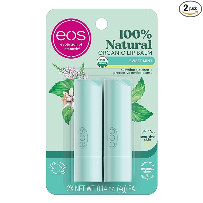 eos 100% Natural & Organic Lip Balm Sticks - Sweet Mint, All Natural Lip Balm, All-Day Moisture, Dermatologist Recommended, 0.14 oz, 2-Pack