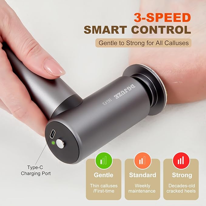 Premium Electric Foot Callus Remover, Ergonomic T-Grip 2600mAh Rechargeable 3 Speeds All Metal Foot File for Dead Skin Cracked Heels Pedicure Sander at Home with 60pcs Sandpaper Pads (Grey)