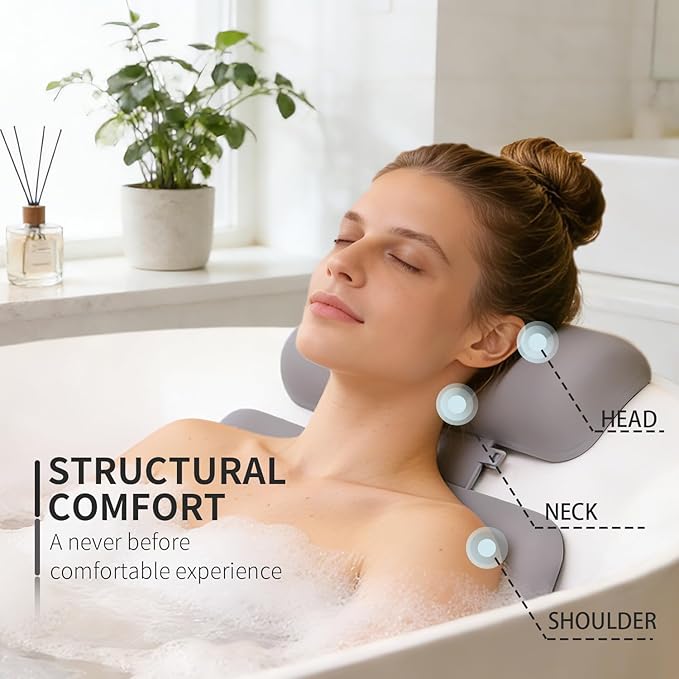 4D Silicone Bath Pillow for Tub, Upgraded Adjustable Bathtub Pillow Head Neck Back Support with Suction Cups, Quick-Dry and Non-Slip Bath Pillow Luxury Bathtub Pillow, Spa Gifts for Women, Mom (Grey)