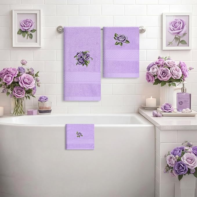 3 Pcs Rustic Purple Roses Bathroom Towel Set Farmhouse Embroidered Purple Roses Towels Vintage Decorative 100% Cotton Bath Towel Highly Absorbent Elegant Summer Decor Set for Bathroom