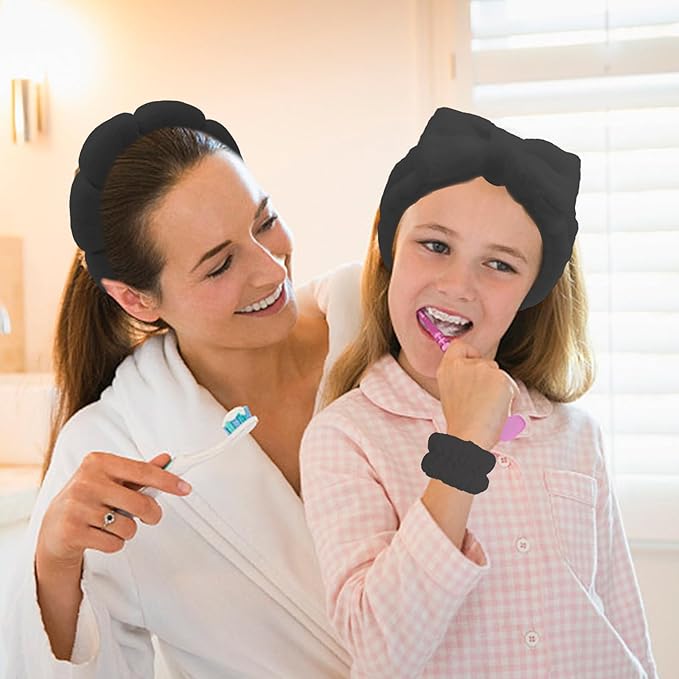 Black Spa Headband and Wristband Set with Bow for Washing Face, Skincare, Makeup - Sponge Cloud Headband for Women Girls
