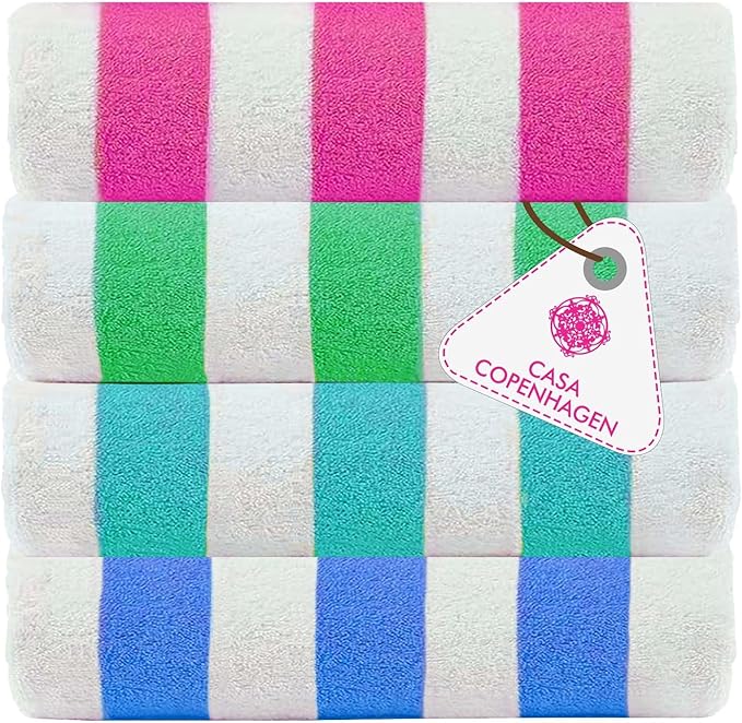 Casa Copenhagen Cabana Towel 4Pcs Blue,Pink,Green,Teal Designer Stripe Beach Towels Gift Set, 30"x60" Oversized 100%Cotton Pool Bath Towel for Beach Gift Set (Perfect Summer Gift Set For Women & Men)