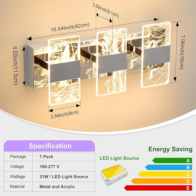 Modern LED Bathroom Light Fixtures Dimmable 3-Light Chrome Vanity Light, 5CCT Adjustable Lighting Fixture Vanity Lights Over Mirror, Smoked Acrylic LED Vanity Lights for Bathroom