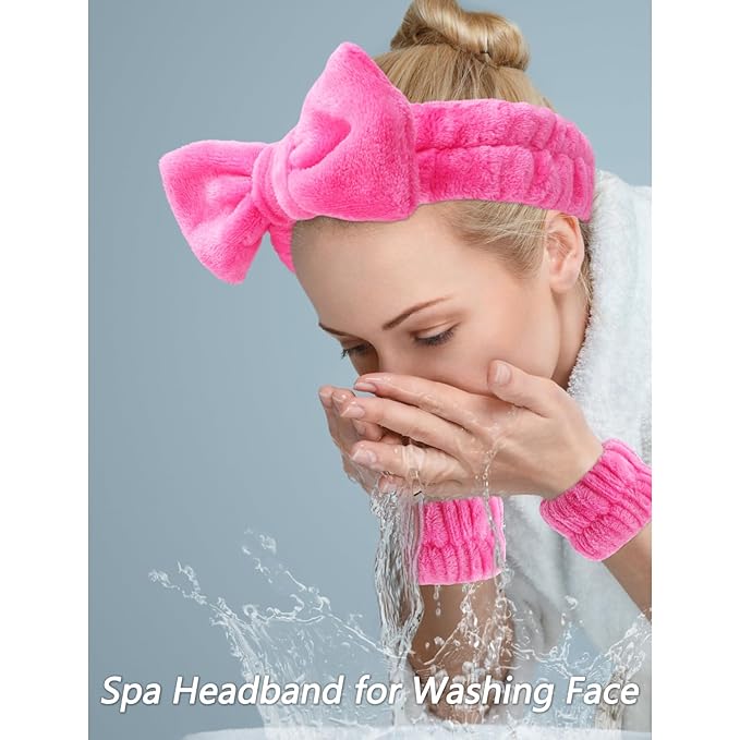 VELSCRUN Spa Headbands for Wash Face, Makeup Headband, Facial Skincare Headbands, 5 Pcs Hot Pink Puffy Sponge Spa Headband Bow Tie Hair Band Hair Clips Wristband Set Women Girls Accessories