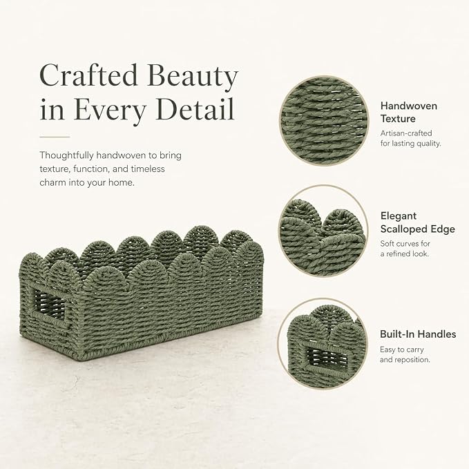 Scalloped Green Toilet Tank Basket for Back of Toilet, Wicker Bathroom Tray for Toilet Paper Storage, Bathroom Organizer for Tank Top, Countertop & Small Spaces