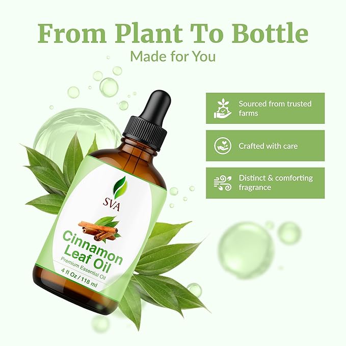 SVA Cinnamon Leaf Essential Oil – 4 Fl Oz – 100% Natural Cinnamon Oil - for Diffuser, Hair Care, Face, Skin Care, Aromatherapy, Scalp and Body Massage, Soap and Candle Making – with Dropper