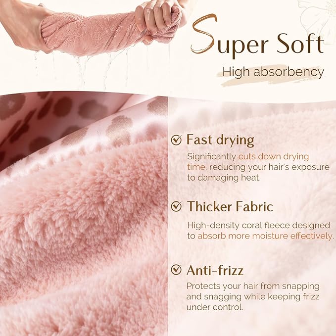 YANIBEST Satin Microfiber Hair Towel Wrap for Women, Fast Drying, Ultra Absorbent, Head Turban with Elastic for All Hair Types, Pickleopard