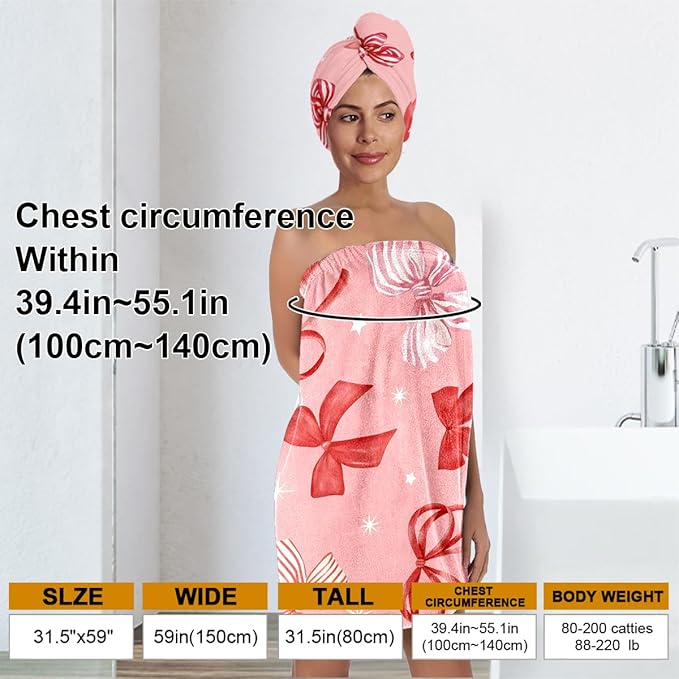 Pink Bow Bath Wrap and Hair Drying Cap Set – Soft Quick Dry Shower Skirt with Elastic Band, Absorbent Microfiber Spa Towel for Women, Gym, Dorm, Travel (Bow 6)