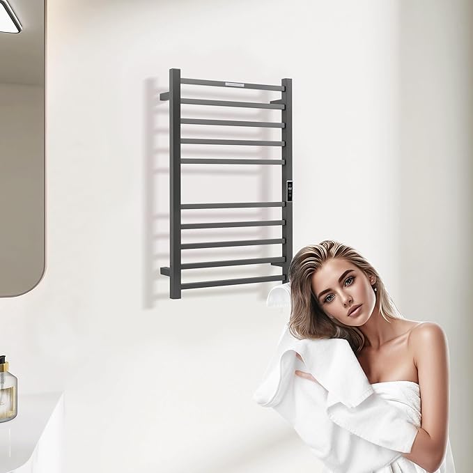 Heated Towel Racks for Bathroom, Wall Mounted Electric Towel Warmer Racks with Timer & Temperature Control, 10 Bar Stainless Steel Towel Heater for Bathroom, Gunmetal Grey, Plug-in