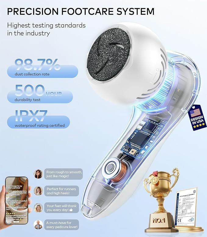 Rechargeable Electric Callus Remover for Feet with Vacuum, Pumice Stone Foot File for 100% Full Foot Care Coverage, 2-Speed & 3 Grinding Heads, Ideal Gift for Dead, Hard Cracked Dry Skin, White