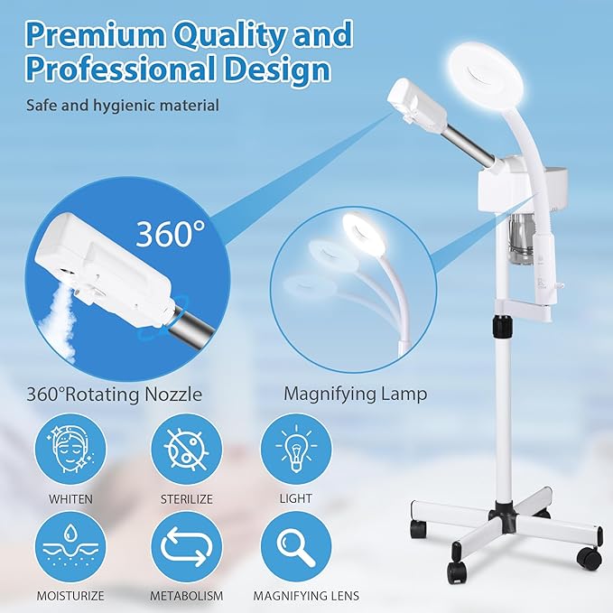HomGarden Professional Facial Steamer 2 in 1 Steamer for Face with Hot & Cold Nozzle 5X LED Facial Steamer for Esthetician, Salon & Spa Face Beauty Equipment.