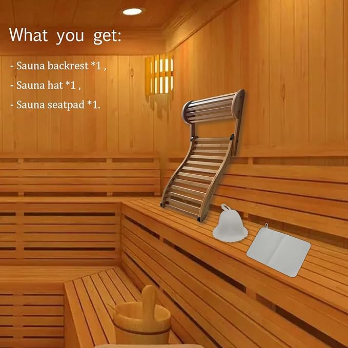 Adjustable-Height Sauna Backrest with Neck Pillow – Natural Bamboo Build & Anti-Slip Rubber Pads, Single-Pack Sauna Accessory with Sauna Hat and Sauna Seat Pad