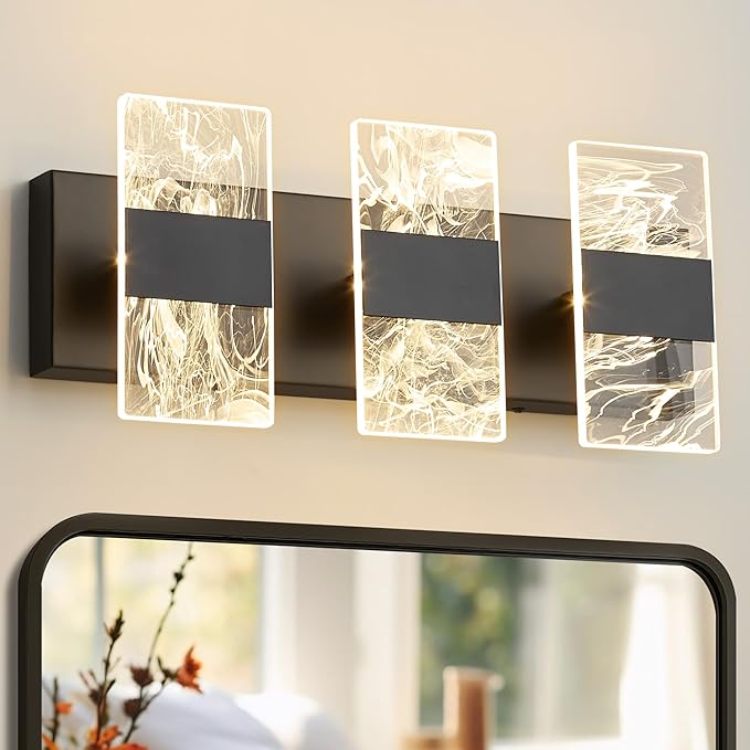 Modern LED Bathroom Light Fixtures Dimmable 3-Light Black Vanity Light, 5CCT Adjustable Lighting Fixture Vanity Lights Over Mirror, Smoked Acrylic LED Vanity Lights for Bathroom