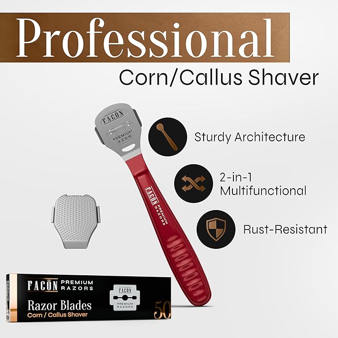 Facón Professional Callus Shaver Remover with 50 Blades, Pedicure Razor for Feet & Hands, Foot Razor for Callus Removal, Callus Blade Remover, Corn Shaver, Surgical Grade Premium Stainless Steel Tool