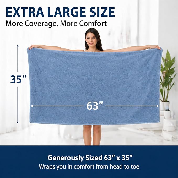 SEISSO 4 Pack Extra Large Bath Towels 63"x35", Bath Sheets for Sensitive Skin 70% Polyester 30% Viscose Fiber from Bamboo, Super Soft, Highly Absorbent & Quick Dry, Oversized Shower Towels