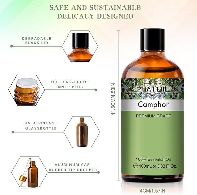 Camphor 3.38fl.oz Essential Oil, PHATOIL Aromatherapy Essential Oils for Diffuser, Humidifier, Perfect for DIY Soap, Candle, Bath Bombs Making(100ml)