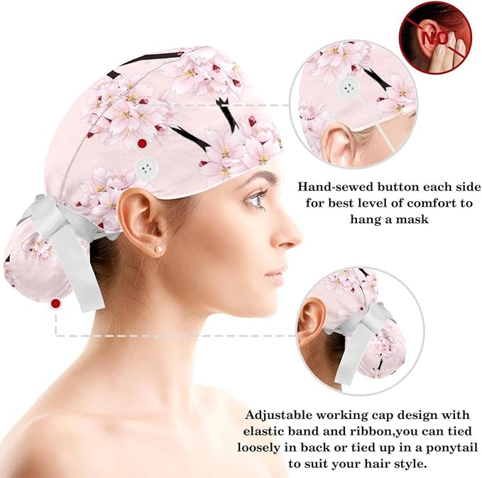 Ethnic Aztec Pattern Adjustable Scrub Cap Hat with Button, Working Hat Sweatband with Bow Hair Scrunchy for Woman