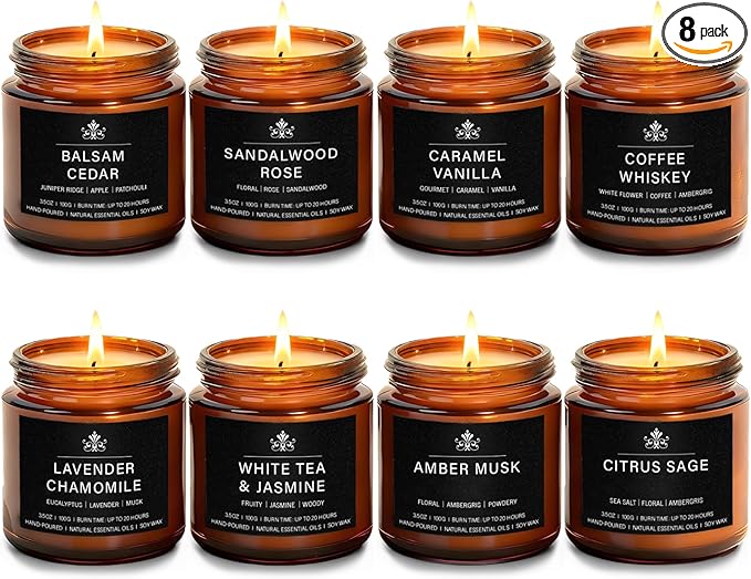 8 Pack Soy Wax Scented Candles Gift Set, Aromatherapy Candles with Lavender Chamomile, Citrus Sage, Caramel Vanilla, Coffee Whiskey, Long Lasting Stress Relief Candle, Unisex Home & Gift Set