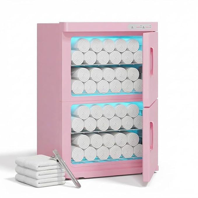 TABU Hot Towel Warmer Cabinet, 46L Extra Large Professional Towel Heater with Stainless Steel Racks & Water Drip Tray, for Spa, Salon, Barber and Home, Pink