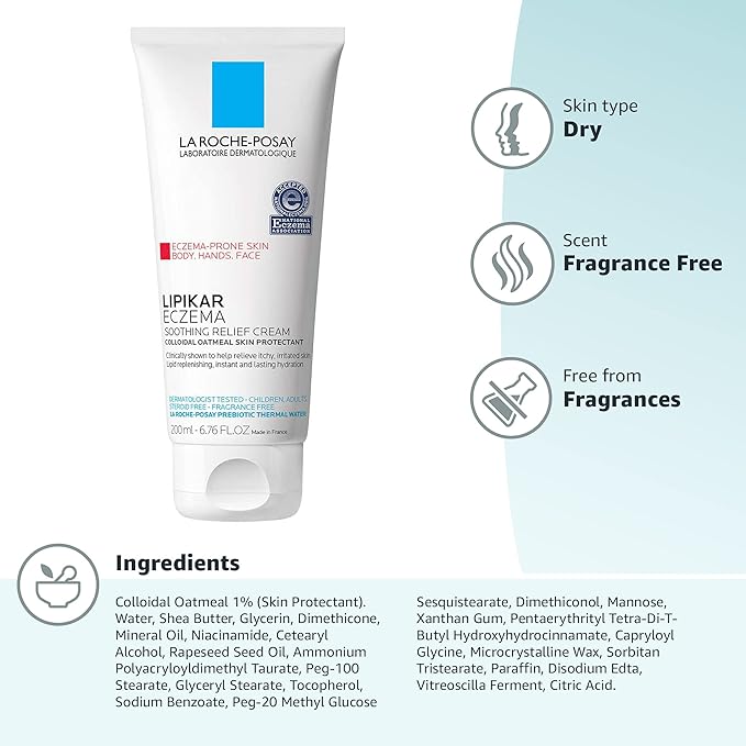 La Roche-Posay Lipikar Soothing Relief Eczema Cream,Face and Body Lotion For Eczema and Sensitive,Dry Skin,Moisturizer with Colloidal Oatmeal to Relieve Irritation,(Pack of 2)
