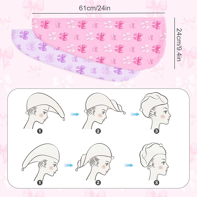 Microfiber Hair Towel Wrap for Kids 2 Pack Quick Drying Hair Towels with Button Hair Turbans for Wet Hair Absorbent Quick Dry Wraps Head Towel Wrap for Women and Girls, Pink Purple Bow