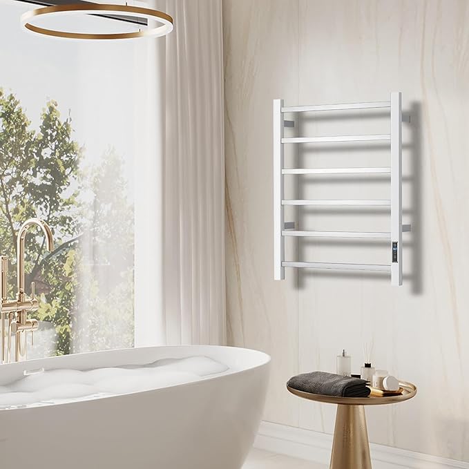 Electric Heated Towel Warmer - Wall Mounted Bathroom Towel Rack, Plug-in Design & Stainless Steel Brushed with Timer & Temperature Control 6 Bar