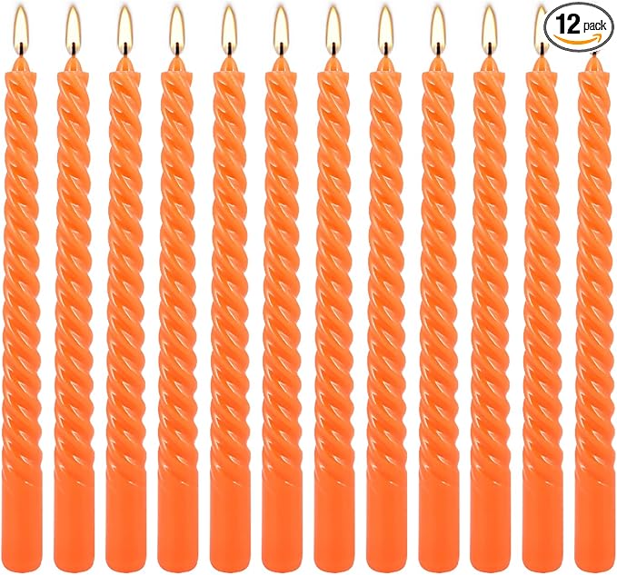 WPONSZU 12 Pack 10 Inch Spiral Taper Candle Set, Unscented Dripless Candlesticks for Dinner,Party Brithday Wedding,Halloween and Home Decoration（Orange ）