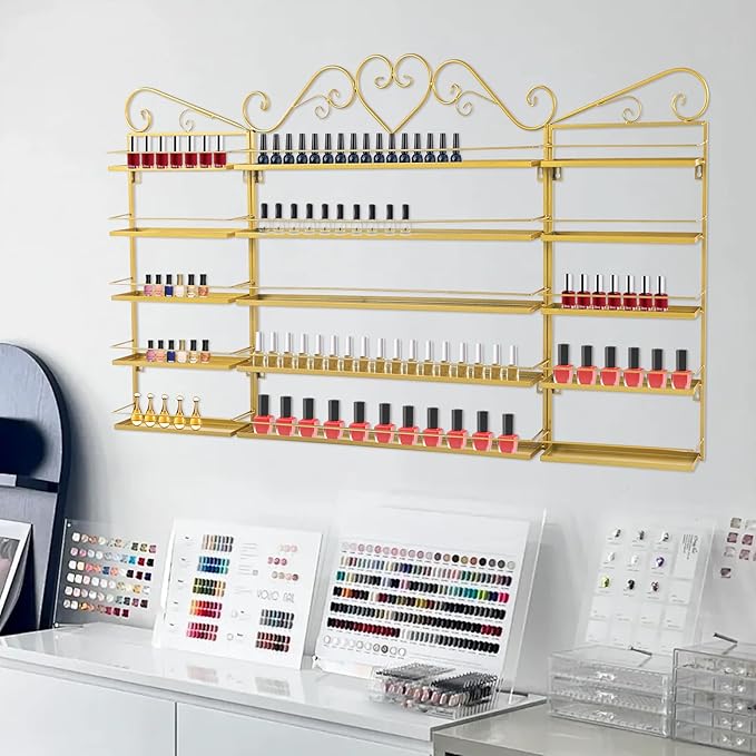 DouSeiAi 5-Tier Wall Mounted Nail Polish Storage Rack, Metal Cosmetic Organizer for Lipstick, Perfume & Essential Oils, Display Shelf for Home, Spa, Nail Salon, Gold