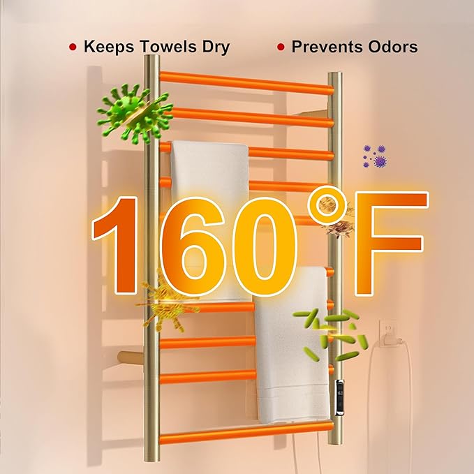 Heated Towel Racks for Bathroom, Wall Mounted Electric Towel Warmer Racks with Timer & Temperature Control, 10 Bar Stainless Steel Towel Heater for Bathroom (Round-Brushed Gold, 10 Bars)