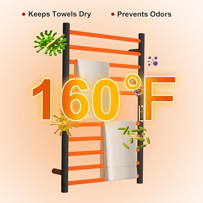 Heated Towel Racks for Bathroom, Wall Mounted Electric Towel Warmer Racks with Timer & Temperature Control, 10 Bar Stainless Steel Towel Heater for Bathroom, Black, Plug-in