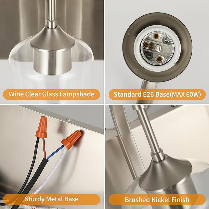 3-Light Brushed Nickel Bathroom Light Fixture With Clear Glass Shade, 23.62'' Modern Vanity Wall Lights for Bedroom Hallway Living Room (E26 Base)