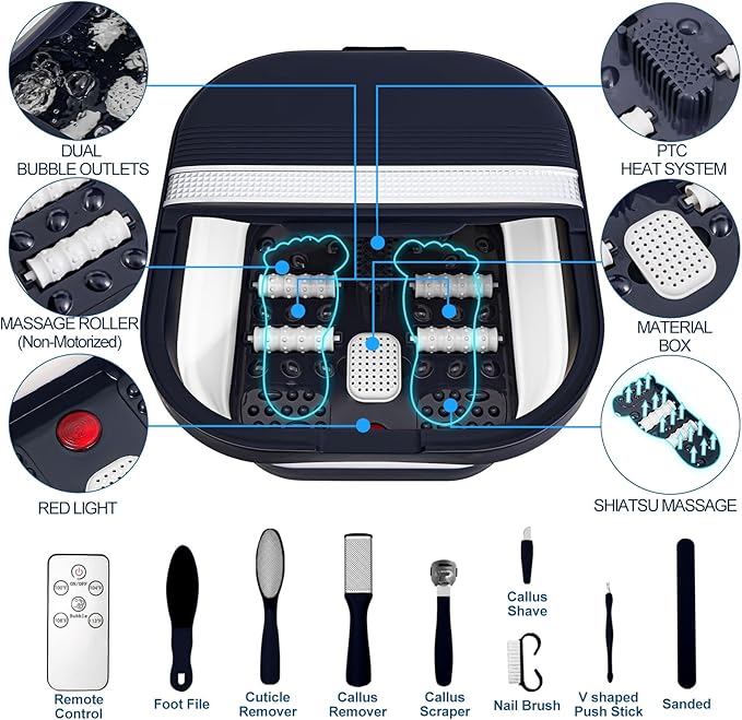 UNIFULL Collapsible Foot Bath Spa with Heat, Remote Control, Massage Rollers, Bubble, Foot Pedicure Kit, Red Light, Pedicure Foot Spa, Foot Bath for Gifts