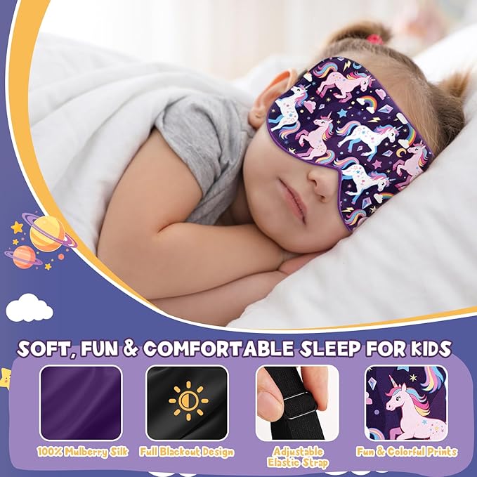 Silk Kids Sleep Mask: 100% Mulberry Silk Eye Mask, Sleeping Masks with Adjustable Strap, Soft & Light-Blocking Printed Kid Eye Cover for Boys Girls Teens Aged 5-15 (Horse Theme)