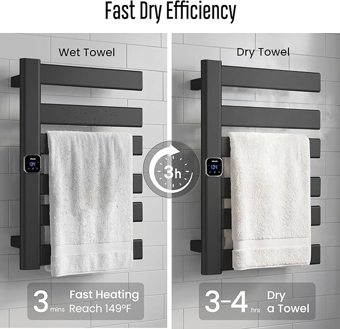 Towel Warmer, Heated Towel Rack with Built-in Timer and Temperature Control,Hard-Wired(Left-Wiring)/Plug-in Wall-Mounted Towel Rail, Aluminum，18.8" W X 25.6" H, Black
