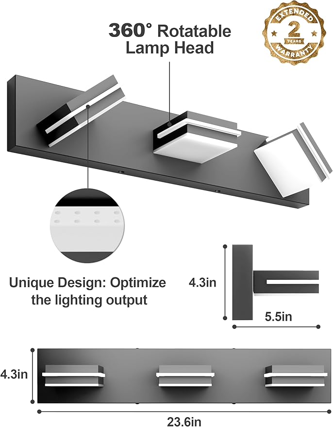 VOLISUN Modern Bathroom Vanity Light Fixtures (3-Light, 24-Inch), Matte Black LED Bathroom Lighting Fixtures Over Mirror, 360°Rotatable Head, LED Vanity Lights for Bathroom (Cool White 6000K)