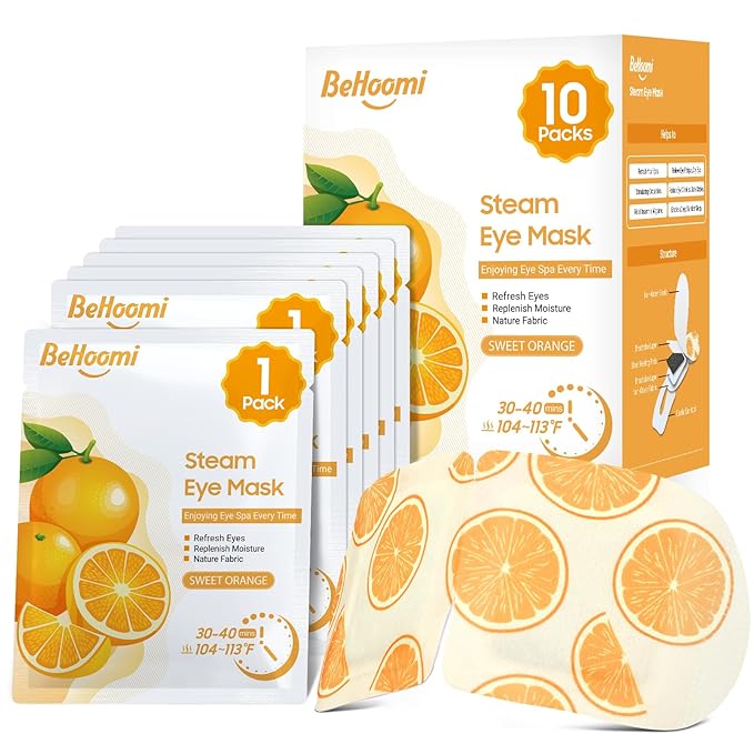 BeHoomi Steam Eye Mask, 10Packs Heated Eye Mask, Self Heating Disposable SPA Warm Compress for Eyes Sleep Mask, Travel Essentials & Relaxation Gifts for Women, Mothers Day Gifts (Orange Scent)