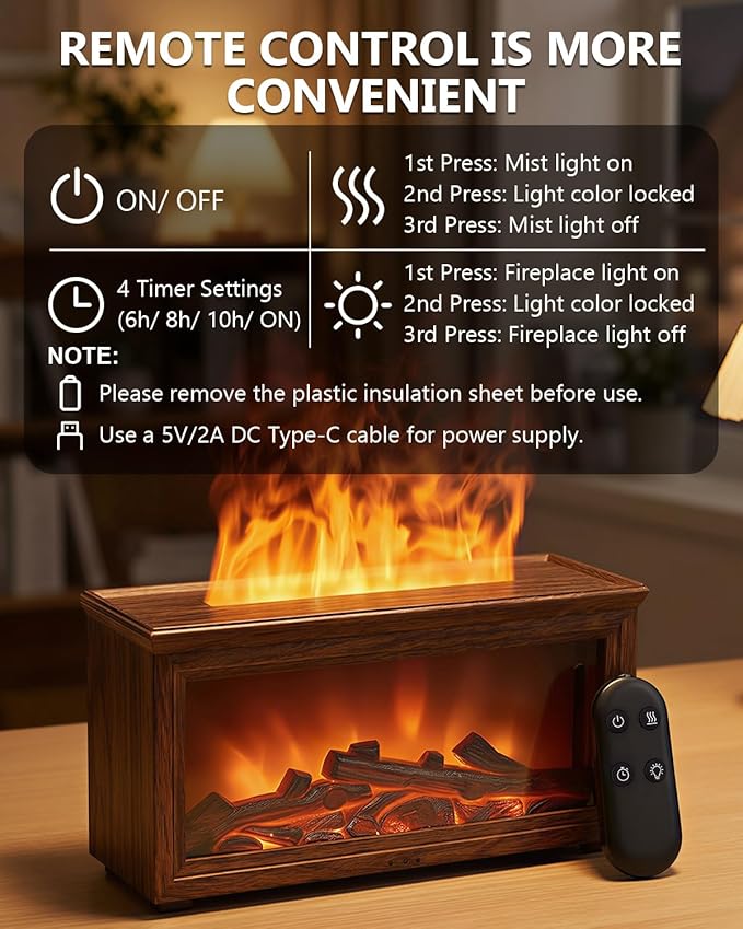 Essential Oil Diffuser, 7-Color Fireplace Fire Flame Aromatherapy Humidifier, 280ml Ultrasonic Aroma Diffuser Cozy Gift with Time Sets and Remote Control for Bedroom Home Yoga Office