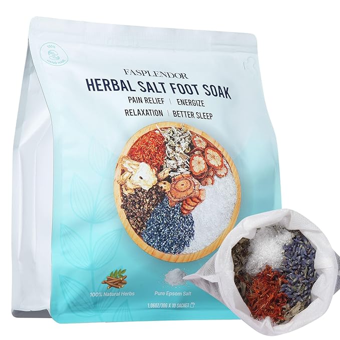 Fasplendor Epsom Salt Foot Soak Sachets with Lavender & Mugwort, Herbal Foot Soak Salts for Tired Feet, Home Pedicure & Relaxing Foot Bath, 10 Sachets