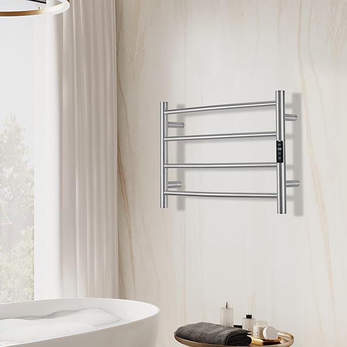 Electric Towel Rack with Voice Control for Alexa & Google Home,TUYA - Wall-Mounted Bathroom Heating Towel Warmer,Plug-in,Stainless Steel Material,16.54x23.62x5.51 in,Brushed，4 Bars