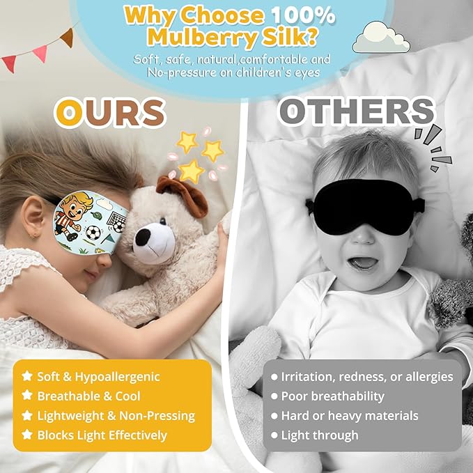 Kids Silk Sleep Mask – 100% Mulberry Silk Eye Cover, Kid Eye Mask with Adjustable Strap, Soft & Breathable Blackout Sleeping Mask for Boys and Girls Ages 5-15 (Soccer Style)